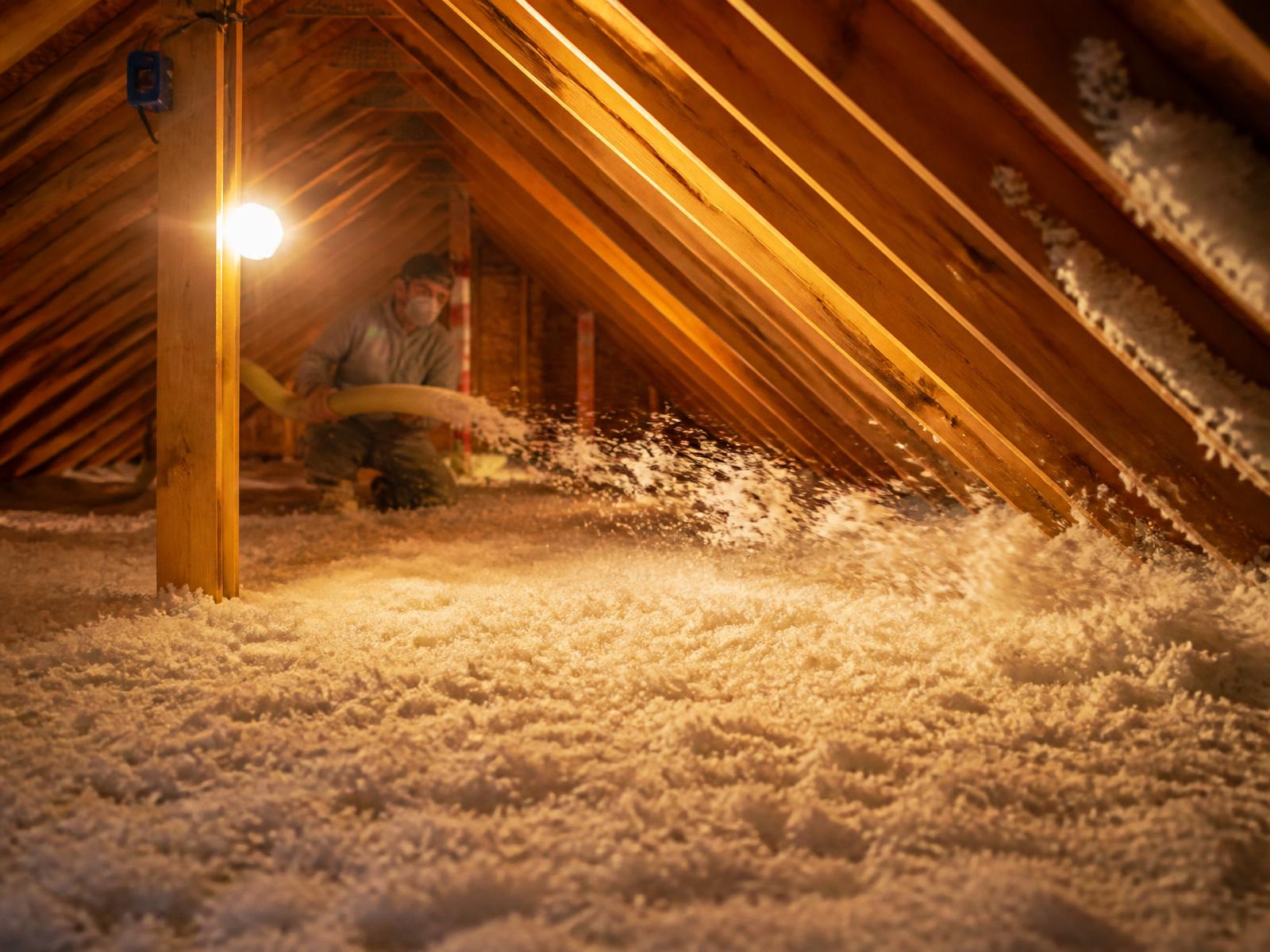 Blown-in insulation filling an attic floor